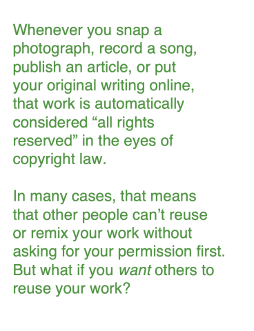 Text explaining that works are all rights reserved by default. What if you WANT someone to use your work without having to ask permission first?