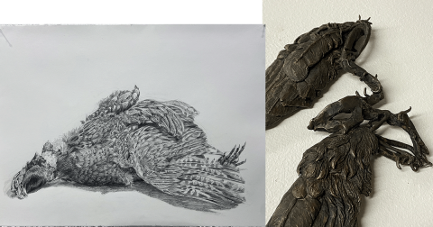 Images: (left) Julia Hartigan, "Taxidermy Studies", ink on cotton rag paper, 22 x 30 inches, 2025; (right) Kiara Pike, "bird corpse (Bronze)", detail, bronze, 10 x 9 x 1 inches, 2025. Left image is an ink drawing of a taxidermy pheasant by artist Julia Hartigan called "Taxidermy Studies" and right image is a bronze sculpture of bird wings by artist Kiara Pike called, "bird corpse (Bronze)"