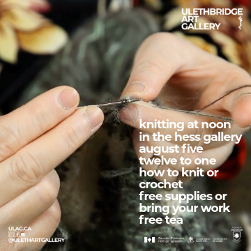 photo closeup of hands crocheting with grey yarn.