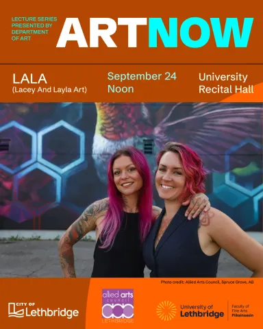 photo credit: Allied Arts Council, Spruce Grove, AB. photo of LALA (Lacey And Layla Art) in front of one of their murals.