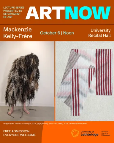 Images: (left) "Shelter/In plain sight", 2025; (right) "Folding vernacular (towel)", 2025. Courtesy of the artist. Photo on the left has a bare foot person fully covered in a shaggy pile-woven cloak. Photo on the right is a folded handwoven towel with red, gray and white stripes.