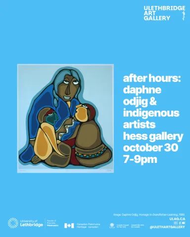 Image: Daphne Odjig, "Homage to Grandfather-Learning", 1980. image of a print called "Homage to Grandfather-Learning" by artist Daphne Odjig