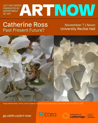 Image: Catherine Ross, "Flowers", work in progress, video still and porcelain flowers on light table, 260 x 142 x 808 cm, 2025. Artwork by Catherine Ross called "Flowers", shows works in progress. Left image is a video still of a bee on white flowers, right image is a close up detail of white porcelain flowers on light table.