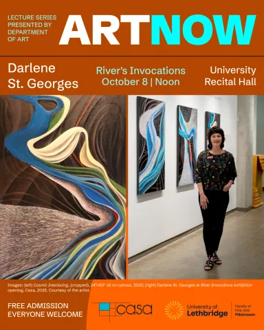 Images: (left) "Cosmic Interlacing" (cropped), 24"x60" oil on canvas, 2025; (right) Darlene St. Georges at "River's Invocations" exhibition opening at Casa, 2025. Courtesy of the artist. Left photo is an oil painting on canvas by Darlene St. Georges called, "Cosmic Interlacing." The photo on the right is Darlene St. Georges standing in front of her paintings at the River's Invocations exhibition opening at Casa.