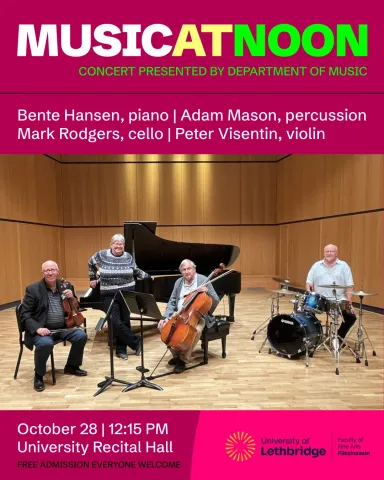 Recital Hall stage with Bente Hansen standing in front of a black grand piano, Peter Visentin seated with his violin, Mark Rodgers seated with his cello, and Adam Mason seated at his drumset.