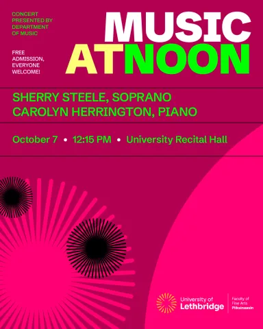 Music at Noon poster for Sherry Steele, soprano and Carolyn Herrington, piano. Background is hot pink with circular illustrations..