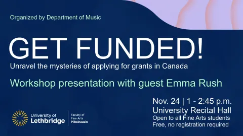 GET FUNDED! poster for workshop presentation with guest speaker Emma Rush