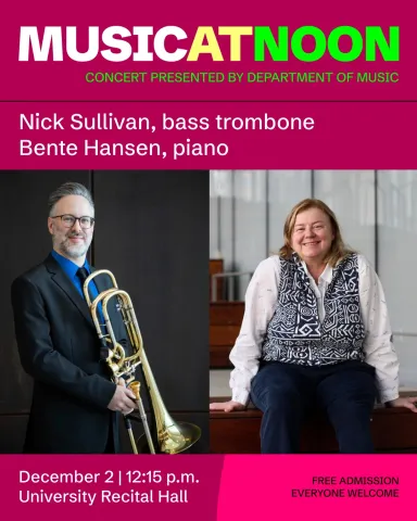 Left photo: Nick Sullivan holding a bass trombone. Right photo: Bente Hansen sitting on stairs.