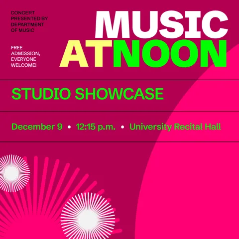 Music at Noon Studio Showcase poster with bright pink background and circular illustrations