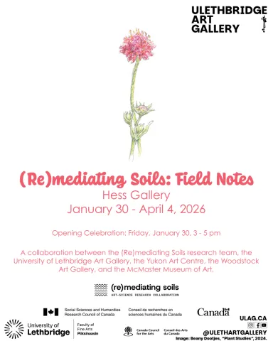 Illustration of a pink flower called "Plant Studies" by Beany Dootjes. (Re)mediating Soils: Field Notes poster with logos.