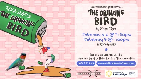 An illustration of a bird drinking from a green soda can with Reigh Dyer'sThe Drinking Bird written on the can.