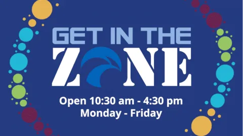 Blue background with yellow, blue, green, and maroon colored bubbles circling text that reads "Get in the zone. Open 10:30 am - 4:30 pm Monday - Friday" The 'O' in Zone is the Agility logo, a lighter blue wave shape.