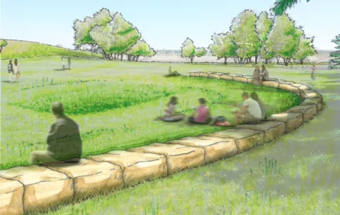 A rendering of what the natural amphitheatre could look like. A curved stone bench in a field with people sitting on and around it.
