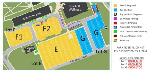 Map of ULethbridge's parking lot, focusing on the accessible parking stalls and how to get inside
