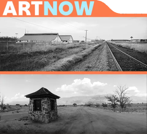 ARTNOW wordmark. Two black & white stacked photographs. Top photo: Contemporary View of Lethbridge exhibition grounds. - barns used to house detainees during WW1; bottom photo: 1942 - Manzanar: Japanese-American Relocation and Detention Centre, Owens's Valley, California.