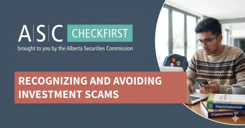 Banner with student at desk for event - Recognizing and Avoiding Investment Scams