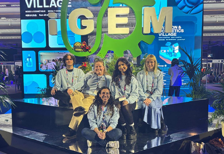 The ULethbridge iGEM group that travelled to Paris included, from left to right, Odin Schaefer, Abigail Giacchetta, Tarlan Goharian, Sonia Ahuja and Sabrina Werner.