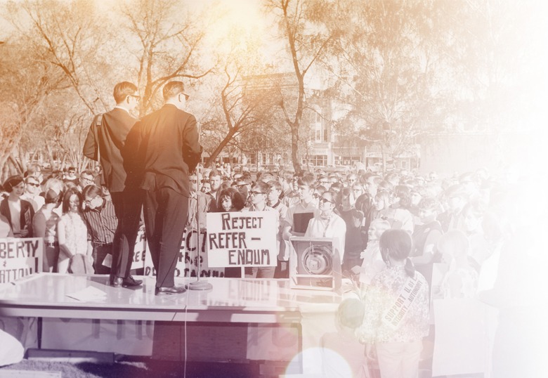 Galt Gardens was the site of a rally on May 18, 1968 to support the University's decision to site the new University of Lethbridge campus on the west side of the river.