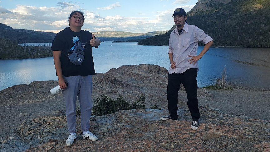 Demi Good Rider, at left, and Thunder Crowshoe posed for a photo at Sunshine Point in Glacier National Park following the Salish Kootenai College conference in Montana.