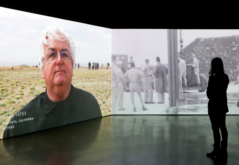 Kavanagh is pictured viewing her two-channel video project.