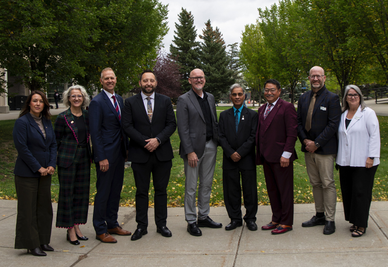 Celebrating the launch of the Southern Alberta Medical Program are (L to R) MLA Chelsea Petrovic, UCalgary Provost and Vice-President (Academic) Dr. Sandra Davidson, MLA Nathan Neudorf, MLA Justin Wright, Lethbridge Mayor Blaine Hyggen, ULethbridge President and Vice-Chancellor Dr. Digvir Jayas, MLA Rob Miyashiro, SAMP Associate Dean Dr. Richard Buck, ULethbridge Provost and Vice-President (Academic) Dr. Michelle Helstein.