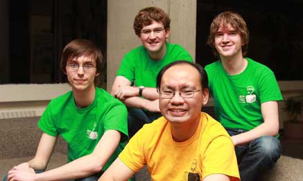 Front row (l to r) Hugh Ramp, fourth-year physics, Dr. Howard Cheng, team coach; Back row (l to r) Chris Martin, third-year computer science, Darcy Best, second-year mathematics. Math Russia
