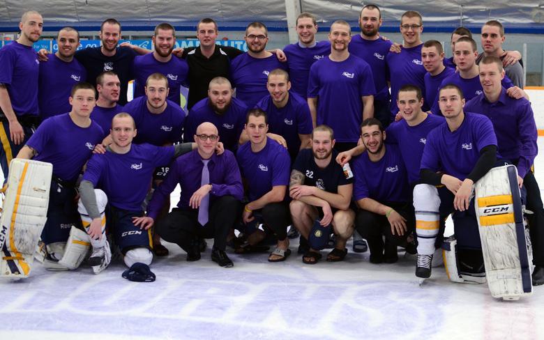 The U of L Pronghorns men's hockey team following the headshave event in support of their brothers Dylan Tait and Brennan Mahon.