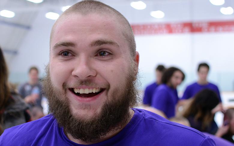 Pronghorns' Mark Hall, a fourth-year centre out of Kamloops, B.C. shows his new look after lopping off his locks in support of the fight against cancer.