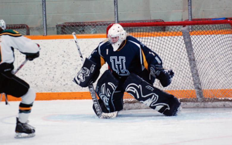 Horns goaltender Crystal Patterson stares down a shooter during Canada West play at Nicholas Sheran Arena.