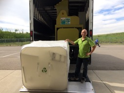 The process of recycling Styrofoam is highly efficient in terms of volume, effectively reducing a large box of Styrofoam like the one pictured above into a tiny box of melted product below.